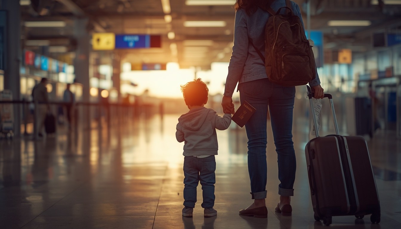Parent tenant la main de son enfant devant un comptoir d'enregistrement à l'aéroport, papiers de voyage en main