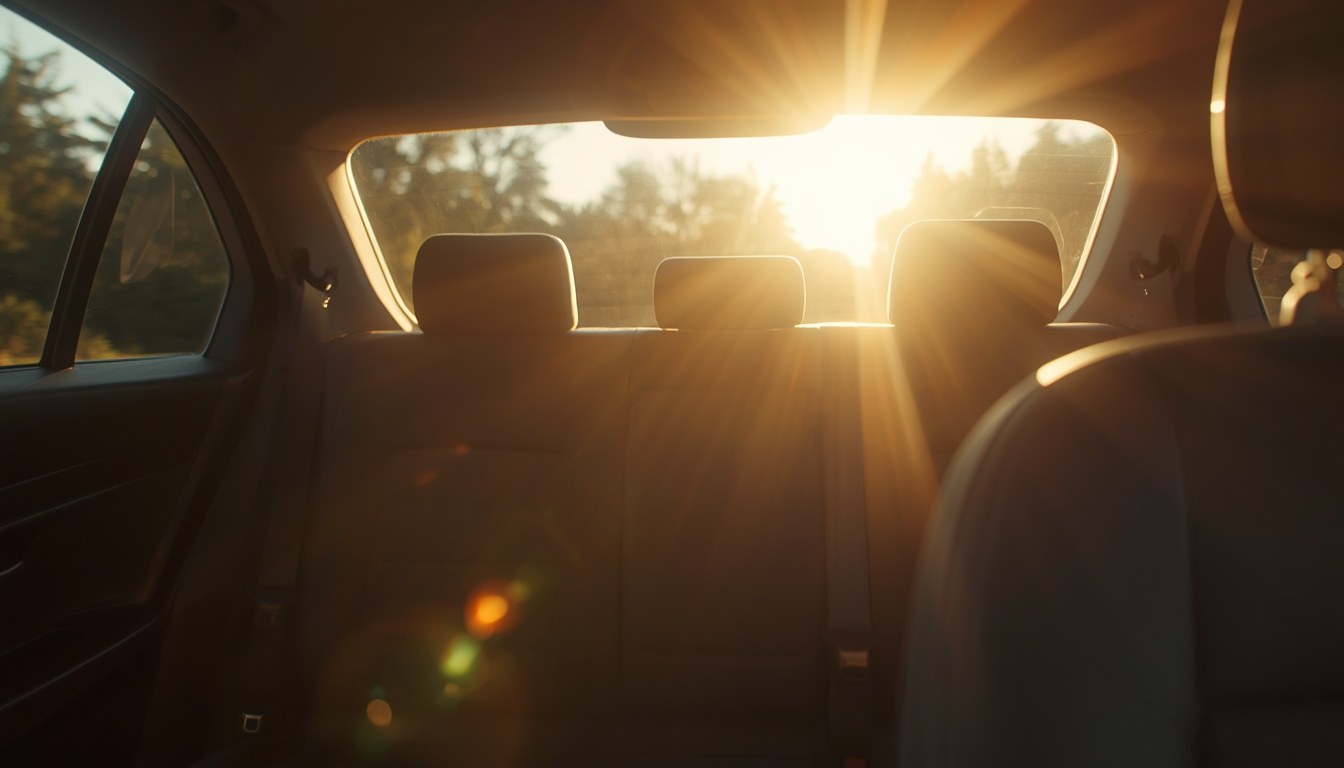 Un siège auto vide à l'arrière d'une voiture garée en plein soleil sur un parking, chaleur estivale