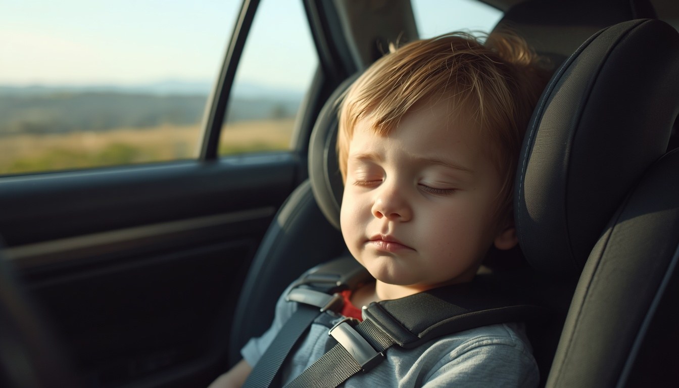 Jeune enfant endormi dans son siège auto pendant un trajet en voiture, symptôme fréquent du mal des transports