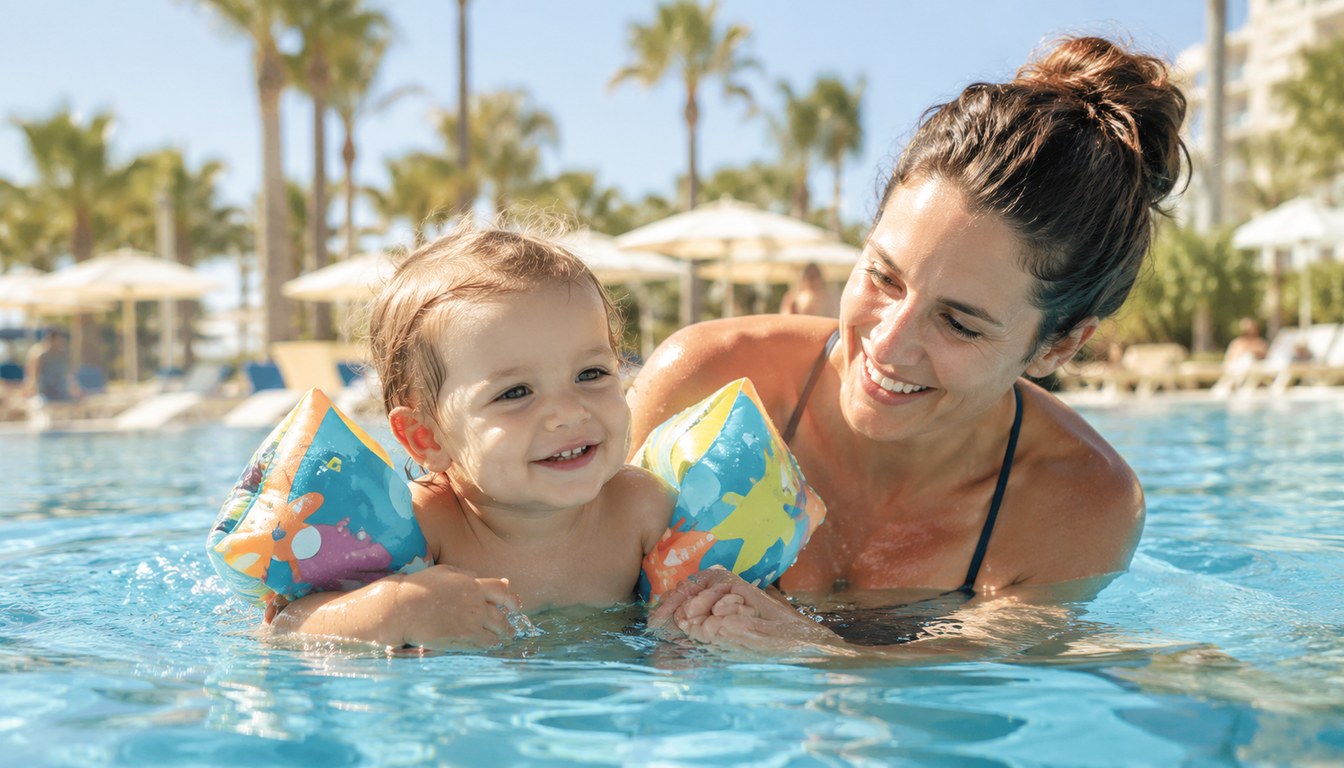 Bébé avec brassards souriant dans la piscine d'un club tout compris, accompagné de sa maman