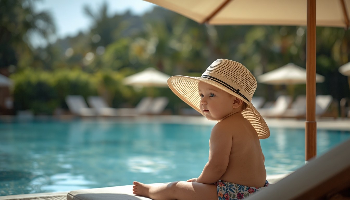 Bébé avec un chapeau à larges bords à l'ombre d'un parasol au bord d'une piscine de vacances