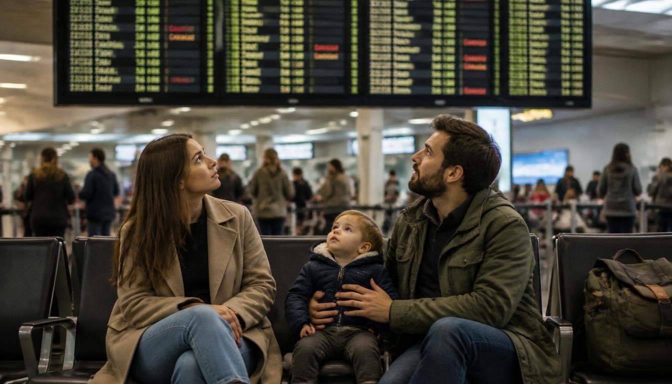 Des parents avec un jeune enfant dans une salle d'attente d'aéroport, regardant un tableau d'affichage des vols